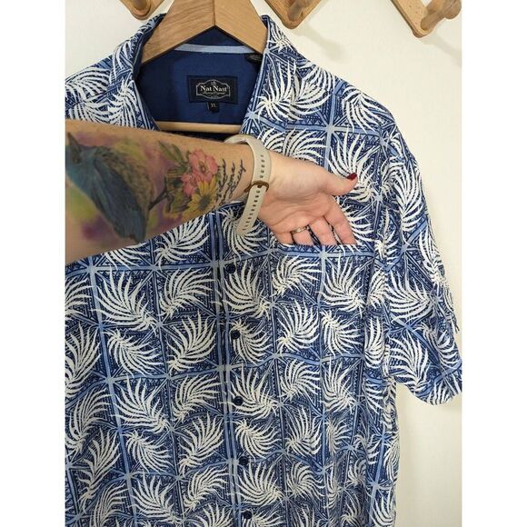 Nat Nast Blue and White Palm Leaf Silk Cotton Blend Button Down Shirt - Size XL - Picture 3 of 6